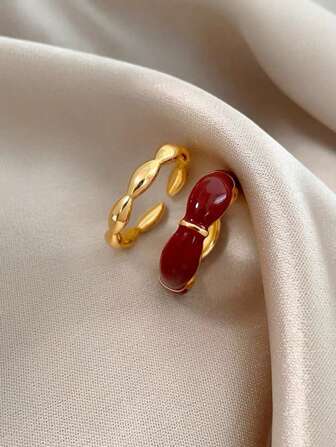 2pcs Set Minimalist Chic Luxury Red Plated Metal Open Ring For Layering