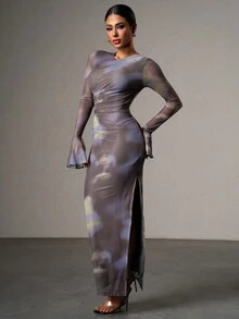 Váy lưới thanh lịch hở vai in họa tiết nhuộm loang Persoshow mùa xuân/hè, váy dạ hội trang trọng, dành cho khách dự tiệc cưới, tốt nghiệp, tiệc tối - Nhiều màu - Xem 4