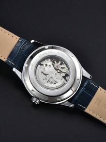 LONGLUX 1pc Hollow Automatic Mechanical Men's Waterproof Leather Strap Watch, Roman Numeral Calendar Dress Watch Gift - Blue - View 8