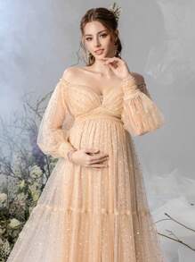 Faeriesty Dressalisa Schwangerschafts Kleid mit Puffärmeln, Off-Shoulder Ausschnitt, Pailletten und Tüll für Partys und Fotoshootings