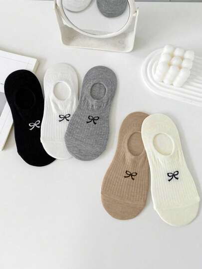 5双女士时尚夏季透气吸汗船袜，隐形袜，带纸板蝴蝶结