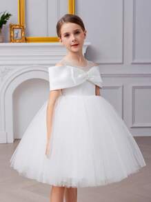 Young Girl Floral 3D Bow Tulle White Dress, Elegant Princess Dress Suitable For Girls Birthday, Party, Wedding, Festival Celebration, Flower Girl Gown - White - View 5