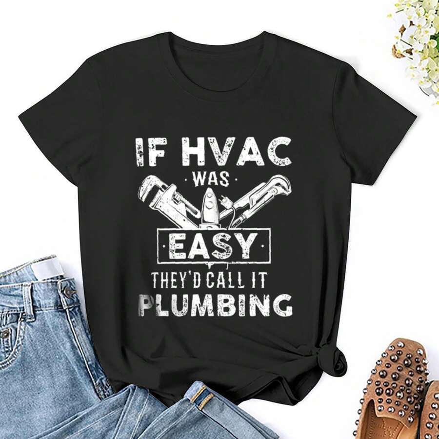 Women HVAC Technician, Creative Letter Print T-Shirt T Shirts Shirt Short Sleeves T Shirt Casual T Shirts Novelty Shirt Graphic Tees Clothes Top - Black - View 1