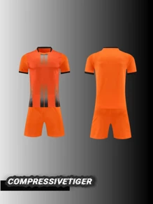 2pcs Personalized Football Jersey - Customizable Name & Number Print Short Sleeve T-Shirt + Shorts Set, Quick-Dry Breathable Sports Outfit, Fashionable, Casual, Minimalist, Unique Men's Clothing, Capsule Wardrobe, Men's Basics/Streetwear, Ideal Gift For Boyfriend, Family, Friends, Suitable For Birthday, Vacation/Holiday, School/Match, Sports/Climbing - Orange - View 2