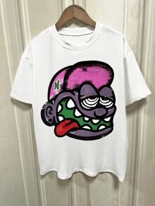 Women Y2K Style Short Sleeve Round Neck T-Shirt With Retro Cartoon & Letter Print - White - View 3