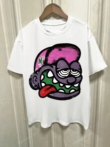 Women Y2K Style Short Sleeve Round Neck T-Shirt With Retro Cartoon & Letter Print