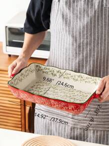 Loyang Keramik Motif Bunga Vintage Merah yang Dilukis Tangan dengan Pegangan, Peralatan Masak Persegi untuk Dapur, Cocok untuk Salad, BBQ, Ayam Panggang, Kue, dan Pizza, Aman untuk Oven dan Microwave - Merah - View 13