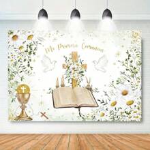 1 pieza de Pancarta de decoración para la Primera Comunión en poliéster, Fondo colgante con diseño bendición de Dios bautista, cinta de encaje rústico blanco y diseño de cruz, sin necesidad de electricidad, apta para decoración de ceremonia de Navidad y fotografía de de recién nacidos
