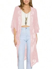 Women Casual Beachwear Cardigan, Solid Color 3/4 Sleeve See-Through Embroidery Flower Cover-UpCoachela Festival Dress Cover Up, Swimsuits For Woman, Bathing Suits For Women,Trajes De Baño Mujer - Hồng - Xem 3
