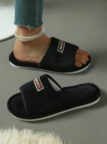 女士新款一脚蹬拖鞋，舒适室内家居单趾拖鞋，静音柔软布艺情侣拖鞋 - 黑色 - 查看 2