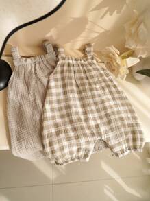 2 件/袋 女婴连体衣套装 彩虹图案 连体衣 夏季可爱无袖婴儿连体衣 带背带裤