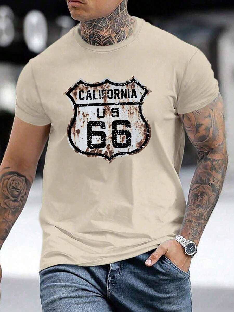Men's Summer Letter "66" Highway Print Round Neck Short Sleeve Casual T-Shirt - Khaki - View 1