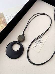 1 pieza Collar negro vintage con colgante circular largo, apropiado para uso diario de mujeres - Collar largo geométrico negro - Ver 4