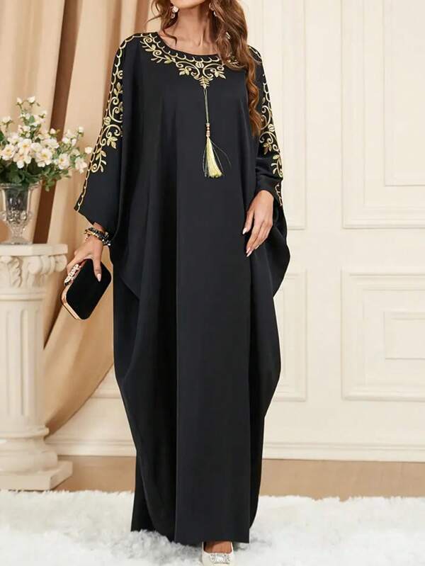 Abito kaftan con motivo floreale e decorazioni a nappine, abito elegante con collo a ciurlo e maniche a pipistrello, abbigliamento da donna, modesto