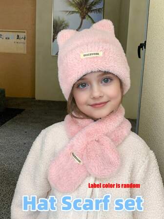 2st barnmössa och halsduk, stickad plyschmössa och nackvärmare, höst/vinter, varm och vindtät, slumpmässig färg, för 3-12 år gammal, 50-55 cm huvudomkrets