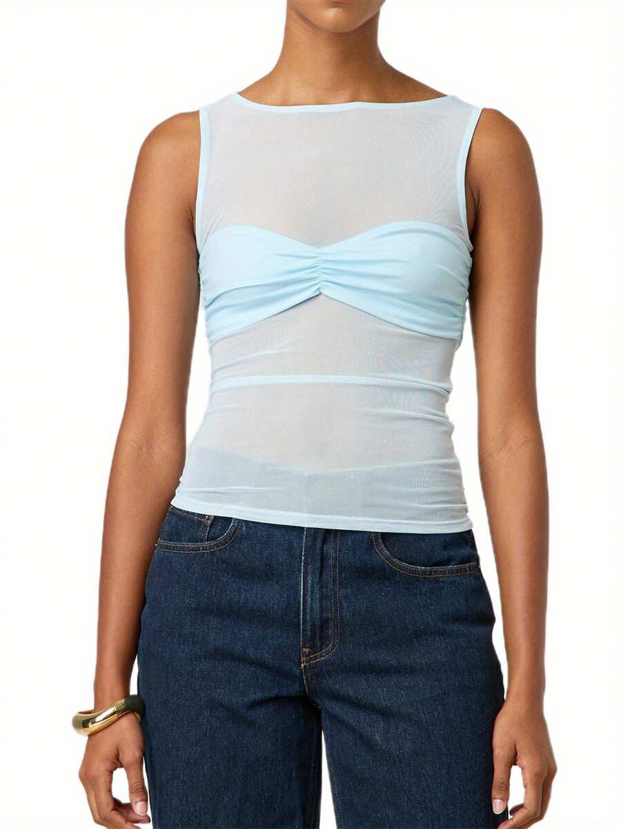 Women's Sheer Mesh Tank Tops Sleeveless Round Neck Solid Color Slim Fit Ruched Vest - Sky Blue - View 1