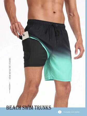 渐变色速干沙滩短裤，男士弹力，双层冲浪板短裤，带口袋，透气，适合夏季户外活动/运动/健身
