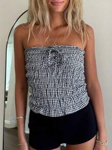 Women's Crop Tube Tops Slim Fit Off Shoulder Backless Strapless Sleeveless Plaid Ruffled Shirt For Summer - Black - View 2