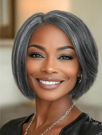 Short Side Part Grey Salt & Pepper Bob Wig Bob Wigs Straight Black Grey Hair Wig Bowl Cut Cosplay Wig Heat Resistant Natural Looking Synthetic Full Wigs For Women)