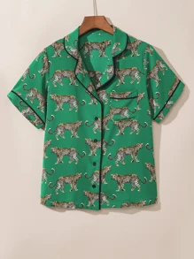 Fashion Leopard Print Pajamas Suit Women Summer Short Sleeve Shirt Trousers Two-Piece Set Women