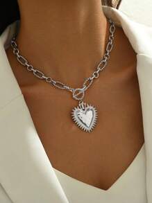 1pc Minimalism Simple Chunky Heart Decor Hammering Pattern Creative Chunky Charm Necklace Silver Chain Handmade Twisted Pattern Chain Fashionable Women Choker Pendant Necklace Classic Jewelry Luxury Girl Accessories Party Gift For Friend Free To Match Silver Women Necklaces