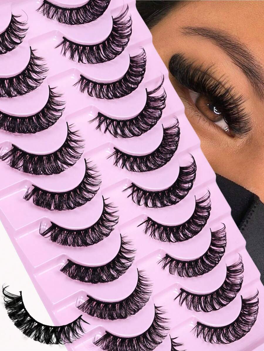 10 Pairs Russian Strip Lashes D Curl Fake Lashes Natural Look Fluffy Volume Wispy Russian Lashes 3D Effect Fake Eyelashes Cat Eye Lashes Strip Lashes,Lashes,Eyelashes,Fake Lashes