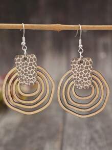 1 对新款不对称几何豹纹拼布木质圆形耳环，复古欧美潮流夸张女式耳环 - 彩色 - 查看 1