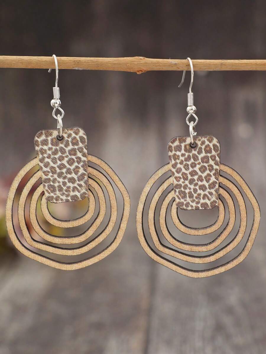 1 对新款不对称几何豹纹拼布木质圆形耳环，复古欧美潮流夸张女式耳环 - 彩色 - 查看 1