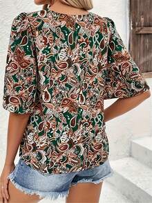 Plus Size Women Paisley Print Round Neck Short Sleeve Casual Loose Blouse, Elegant Travel & Holiday Style, Spring/Summer - Dark Green - View 2