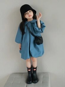 1 pièce Robe fleurie ample à col évasé bleue, Printemps