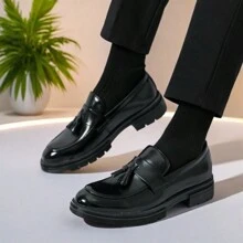 Men's Leather Shoes Tassel Loafers, Thick Sole Elevator Shoes, Slip-OnSlip-On Formal Dress Shoes Suitable For Saturday Parties, Weddings, Groom Wedding Shoes - Black - View 3