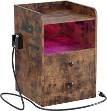 Nightstand With Charging Station & USB Ports & LED, Bedside Table With 2 Drawers And Open Shelf, Adjustable Light, Vintage Brown