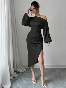 abyoxi Vestido de satén sexy con cuello asimétrico elegante, manga larga, cintura ceñida, plisado hecho a mano, color púrpura-azul, para fiestas, ocasiones minimalistas, fiesta de boda - Negro - Ver 5