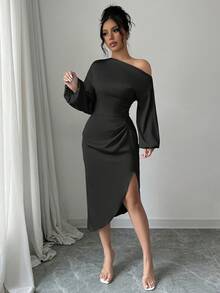 abyoxi Vestido de satén sexy con cuello asimétrico elegante, manga larga, cintura ceñida, plisado hecho a mano, color púrpura-azul, para fiestas, ocasiones minimalistas, fiesta de boda - Negro - Ver 2