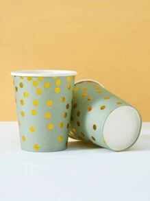 10 Pcs/25 Pcs Disposable Paper Cups, Sage Green & Gold Polka Dot Design, Suitable For Birthday, Family Gathering, Picnic, Party Decoration - Multicolor - View 6