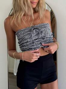 Women's Crop Tube Tops Slim Fit Off Shoulder Backless Strapless Sleeveless Plaid Ruffled Shirt For Summer - Black - View 4