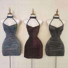 Fashion Sexy Women Lady Short Dress With Sparkles And Choker, Elegant Evening Dresses - 銀色 - 查看 2