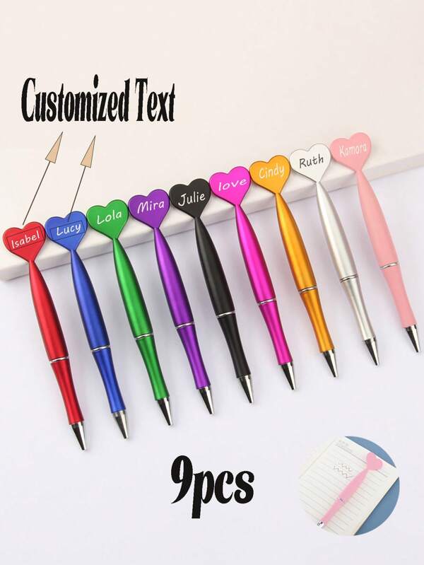 9pcs/1pc Customizable Name & Message Twist Ballpoint Pen, Heart Shaped Design, Engraved With Emotional Quotes & Names, Gift For Loved Ones, Kids, Colleagues, Couples, Suitable For Valentine's Day, Back To School, Parents'' Day