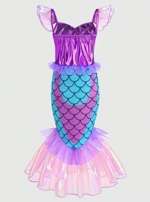 Young Girl Mesh Cap Sleeve Mermaid Dress - Multicolor - View 2