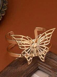 Fashionable High-End Hollow Butterfly Shaped Metal Bracelet And Ring Set, Suitable For Daily, Party, Holiday Wear - Yellow Gold - View 7