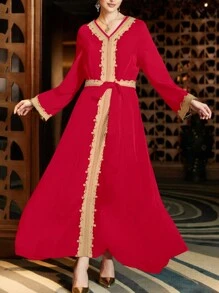 Vestido largo de mujer con cuello en V, de unicolor con parches de encaje árabe - Rojo - Ver 4