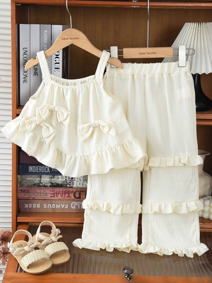 年轻女孩 2 件套优雅可爱蝴蝶结装饰舒适吊带上衣和荷叶边下摆阔腿裤套装夏季 - 米色 - 查看 1