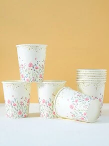 10/25 chiếc cốc giấy dùng một lần có họa tiết hoa, phù hợp đựng đồ uống lạnh và cà phê, thích hợp cho tiệc sinh nhật, họp mặt gia đình, dã ngoại và trang trí tiệc - Nhiều màu - Xem 3