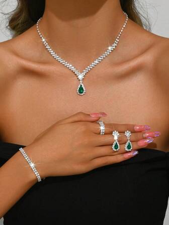 3 件套银色金属水晶项链、耳环和手链首饰套装、婚礼新娘配饰