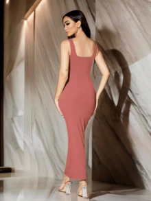 Women's Square Neck Fitted Long Dress - Baby Pink - View 3