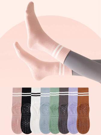 1pair/4pairs/6pairs Women Striped Yoga Socks, Spring/Summer Non-Slip Silicone Socks For Indoor Sports, Professional Fitness Mid-Calf Socks, Fall