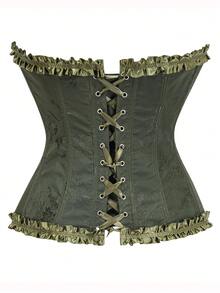 女式嵌花系带后背紧身胸衣短款上衣，适合新年派对、情人节、节日穿着、毕业典礼 - 軍綠色 - 查看 3