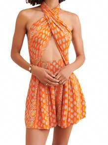 Women Boho Halterneck Playsuit Summer Wrap Front Floral Cutout Backless Jumpsuits Shorts Clubwear