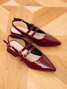 Women's Pointed Toe Flat Loafers With Metal Buckle, Hollow Strap Sexy Shoes, Spring/Summer - Burgundy - View 6