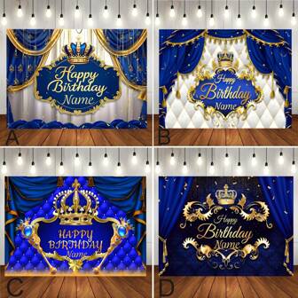 Customisable Name Royal Gold Crown Happy Birthday Blue Curtains Design Background Fabric Personalised Custom Name Royal Themed Birthday Party Cake Crush Shower Party Portrait Photography Decoration Banner Vinyl,Graphic Print